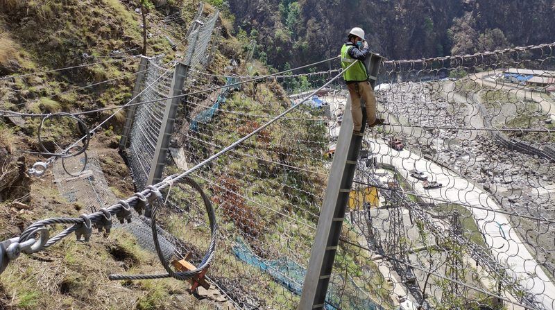 Flexible rockfall barrier above the take-off yard at Gongar